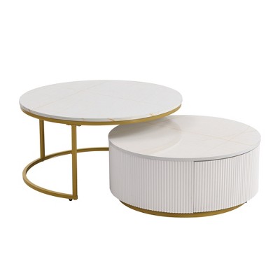 COWLOWN Black 27.5-in Elegant Fluted Nesting Side Tables, Space-Saving Set with Built-In Drawer & Gold Finish