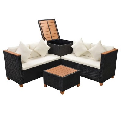 vidaXL 4 Piece Lounge Set - Poly Rattan Patio Furniture with Cushions and Storage Box, Perfect for Garden/Patio, Black and Cream White