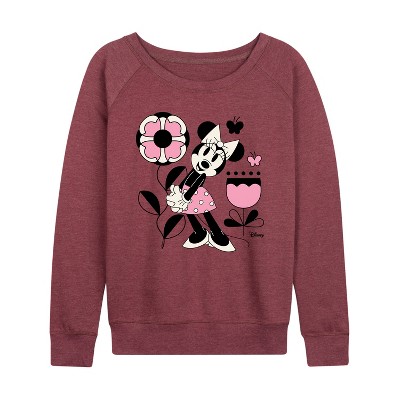 Women's - Disney - Minnie Mouse with Flowers & Butterflies Lightweight French Terry Wide Neck Long Sleeve Graphic Shirt