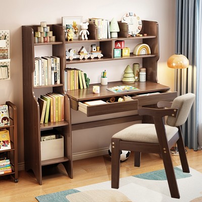 Solid Wood Desk, Kids Study Desk, Writing Desk, Computer Desk With Hutch, Chair, Drawers