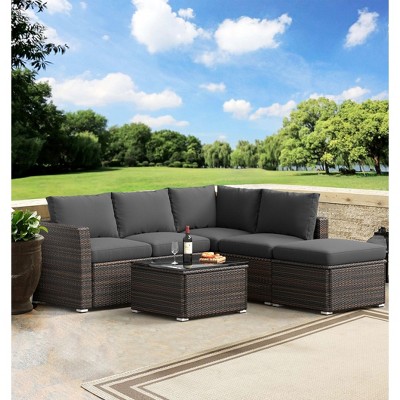 ELJGET 4 Pieces Patio Furniture Sets, All Weather Outdoor Sectional Patio Sofa, Wicker Rattan Patio Seating Sofas with Cushion and Glass Table