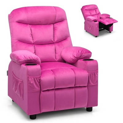 Costway Kids Youth Recliner Chair Velvet Fabric w/Cup Holder & Side Pocket Blue/Pink