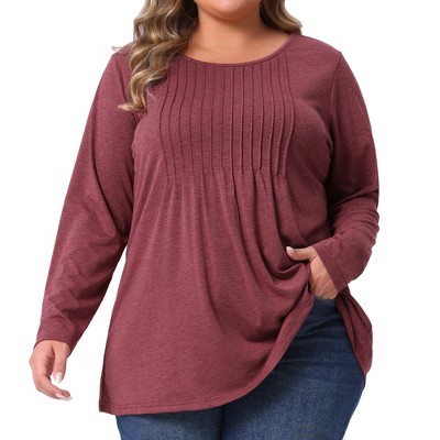 Women's Plus Size Pleated Crew Neck Long Sleeve Soft Casual Tunic T-Shirt - Agnes Orinda