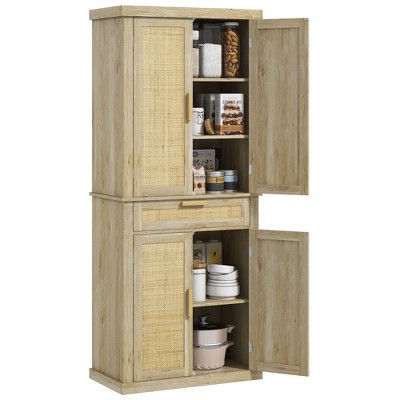 HOMCOM 72" Tall Kitchen Pantry Storage Cabinet, Rattan Freestanding Kitchen Cabinet with 4 Doors, Drawer, 5-Tier Shelf and Adjustable Shelves, Oak