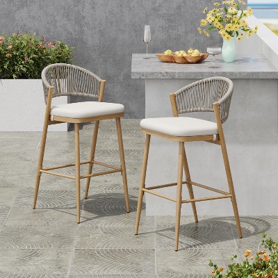 Christopher Knight Home Youssef Outdoor 30" Aluminum and Rattan Barstools with Scallop-shaped Backrest (Set of 2)