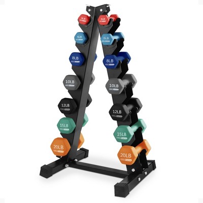 HolaHatha 146 Pound Neoprene Dumbbell Weight Set, 3, 5, 8, 10, 12, 15 and 20 Pound Free Hand Weights for Full Body Strength Workouts with Storage Rack