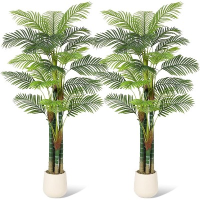 Acekool Artificial Golden Cane Palm Tree with White Round Planter and Moss, Adjustable Faux Tropical Tree Indoor Outdoor Decor