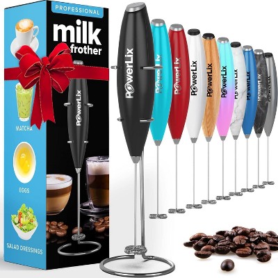 PowerLix Milk Frother Handheld Battery Operated Electric Whisk Foam Maker For Coffee With Stainless Steel Stand Included