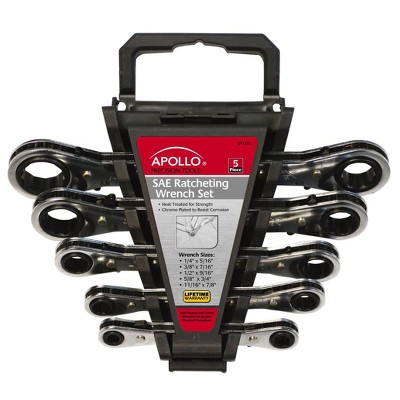 Apollo Tools 5pc SAE Ratcheting Wrench Set DT1212: Steel, Silver, Lifetime Warranty, Garage & Hardware, 11" Height