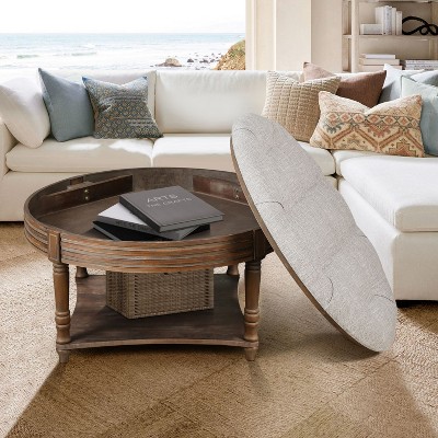 NicBex Round Waterproof Storage Ottoman Bench,2 Tier Button Tufted Ottoman with Wooden Shelf,Upholstered Coffee Table for Living Room,Bedroom