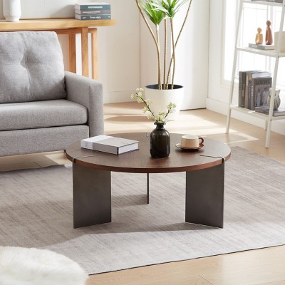 Round Coffee Table with Walnut Wood Top and Black Metal Base,Modern Centerpiece for Living Room-Maison Boucle