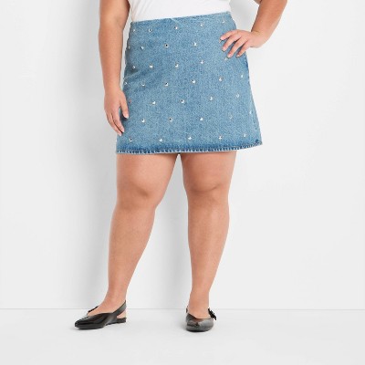 Women's Denim Studded Mini A-Line Skirt - Future Collective Blue Denim