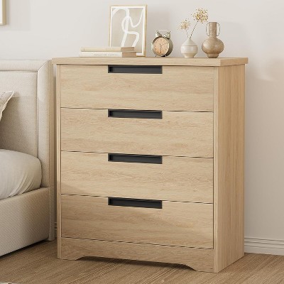 4 Drawer Dresser for Bedroom, Natural Chest of Drawers with Embedded Handles Design, Wooden Dresser Organizer for Living Room, Nursery, Hallway