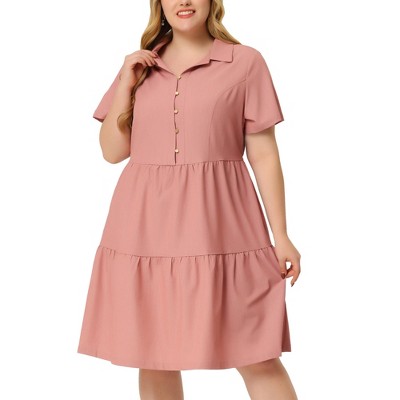 Agnes Orinda Women's Plus Size Chambray Tiered Turndown Neck Half Placket Elastic Back Button Casual Babydoll Midi Dresses