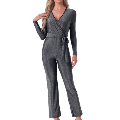Allegra K Women's Sparkly V Neck Long Sleeve Belt Night Party Clubwear Giltter Jumpsuits