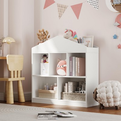 Kids Bookshelf with 5 Storage Cubbies, Modern Roof Design Toy Organizer for Playroom, Nursery or Kids' Room, White