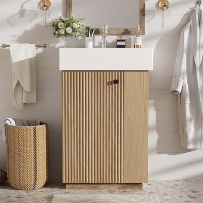 21.6'' Bathroom Vanity with Ceramic Sink, Freestanding Storage Cabinet, Soft-Closing Left/Right Door & Open Shelves, Natural - ModernLuxe