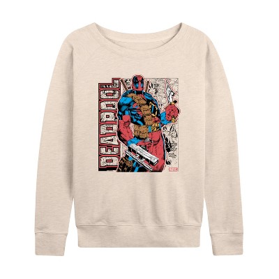 Women's - Marvel - Deadpool Comic Book Panel Lightweight French Terry Wide Neck Long Sleeve Graphic Shirt