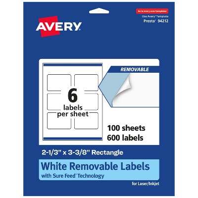 Avery Matte White Removable Rectangle Labels with Sure Feed Technology, Print-to-the-Edge, 2-1/3" x 3-3/8"