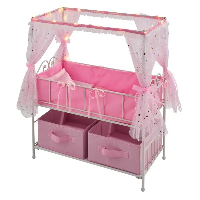 Badger Basket Starlights Metal Doll Crib with Canopy Bedding Storage and LED Lights - Pink/White/Stars: Toy Furniture with Blankets, Pillows