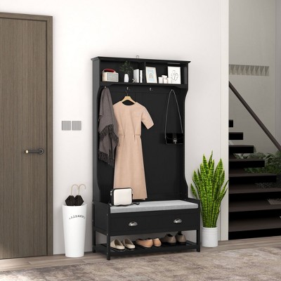 CAVINAS Hall Tree with Bench and Shoe Rack Modern Coat Rack with Shelves, 4 Hooks, Soft Cushion for Hallway