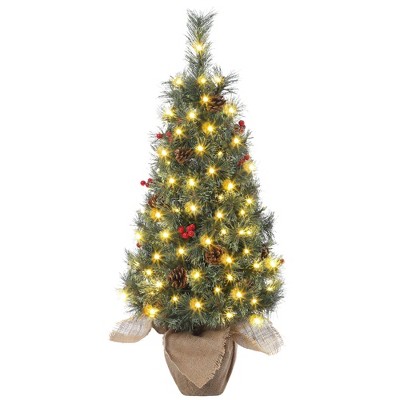 Small Christmas Tree, 3ft Pre-Lit Mini Christmas Tree with 78 Warm White LED Lights, Small Holiday Xmas Tree with Pine Cones