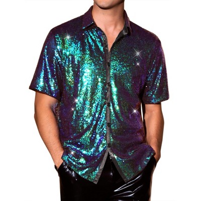 INSPIRE CHIC Men's Button Down Short Sleeve 70s Disco Metallic Sequin Shirts