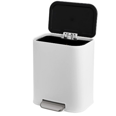 Stainless Steel Trash Can White, Small Trash Bin with Lid, Inner Bucket and Step Pedal, Quiet Soft Close and Stays Open, Garbage Can
