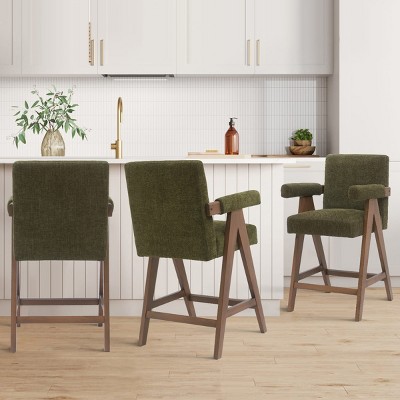Set Of 3 25.5" Height Upholstered Seat and Back Counter Stools With Upside Down "V" shape design Solid Wood Legs-Maison Boucle