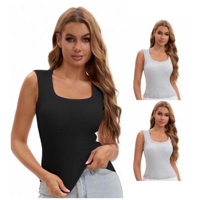 INSPIRE CHIC Women's 3 Packs U-Neck Tank with Built-In Bras Ribbed Wide Straps Undershirt