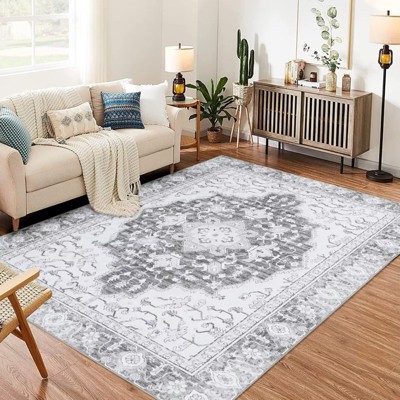 Washable Area Rug Thin Vintage Print Rug, Foldable Indoor Carpet for Living Room, Bedroom