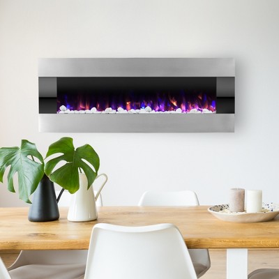 Wall-Mounted Electric Fireplace - Indoor LED Fireplace Heater with Remote, Crystals, and Adjustable Fire and Ice Flame Options by Northwest (Silver)