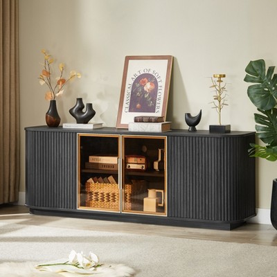 64"W Wavy TV Stand with LED Lights, Round Sideboard with Vertical Stripes, Aluminum Door Frame Tempered Glass Storage Cabinet, Black - ModernLuxe