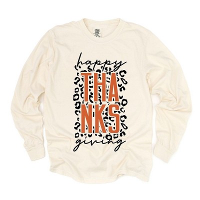 Simply Sage Market Women's Happy Thanksiving Orange Leopard Long Sleeve Garment Dyed Tee