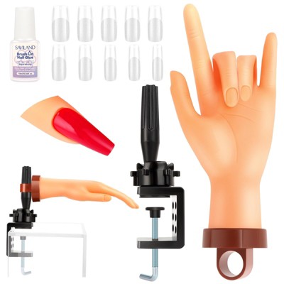 SAVILAND Lifelike Silicone Mannequin Kit - Flexible Training Hand with 120 Tips & Glue for Nail Art Training.(Nude)