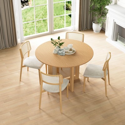 PexFix 46" x 46" Farmhouse Kitchen Dining Room Table Furniture Round Oak Kitchen Table with Rattan Woven Legs for Kitchen Bar Living Room