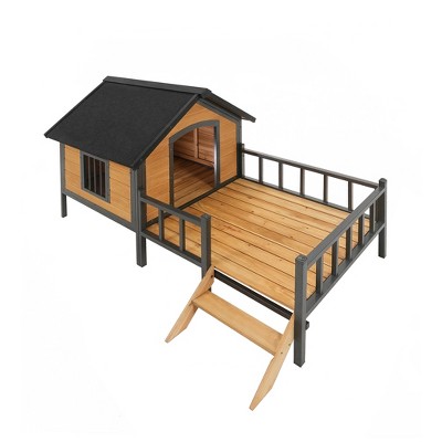 Gulches Pet Houses - Outdoor Wooden Cabin Dog Kennel with Porch and Iron Frame