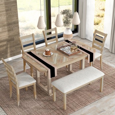 Dining Table Set for 6 with Wood Grain Pattern Tabletop, Kitchen Table Set with Chairs & Bench