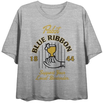 Hand and Beer Support Your Local Bartender 1844 PBR Women's Athletic Heather Gray Crop Top