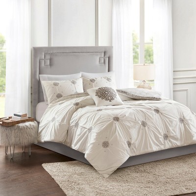 Full/Queen 4 Piece Embroidered Cotton Reversible Duvet Cover Set