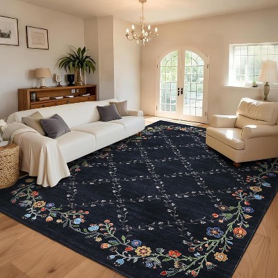 8x10 Black Washable Floral Area Rug, Modern Low Pile Non-Slip Carpet for Living Room & Bedroom, Soft Indoor Floor Mat