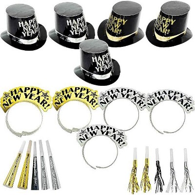 4E's Novelty NYE Party Supplies 2025 for 10 guests: 20 PCS sets with 5 Hats, 5 Tiaras, and 10 Noisemakers in Black, Gold, and Silver