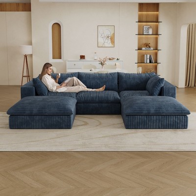 118.2" Blue Corduroy Fabric DIY Combination Cloud Sofa Deep Seat Couches with 2 Ottomans Double-layer design Removable Cushion No Assembly