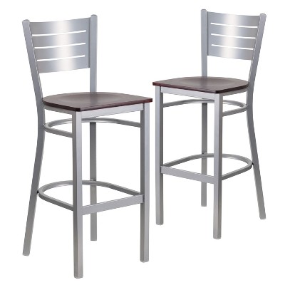 Emma and Oliver 2 Pack Silver Slat Back Metal Restaurant Barstool