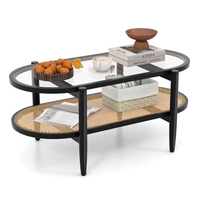 Costway 2-Tier Coffee Table Tempered Glass Top with PE Rattan Shelf & Acacia Wood Frame Black/Brown