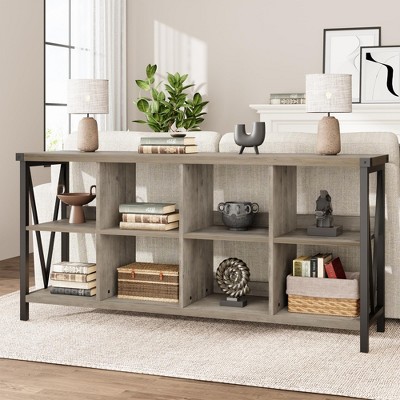 FinerFurnis 8-Cube Bookshelf, 62" Long 3 Tier Console Table, Industrial Storage Bookcase, Freestanding Open Book Shelves for Bedroom