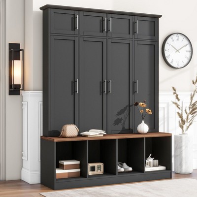 CAVINAS Hall Tree with Storage Cabinet Modern Coat Rack with Bench, Shoe Rack and 4 Hooks for Hallway
