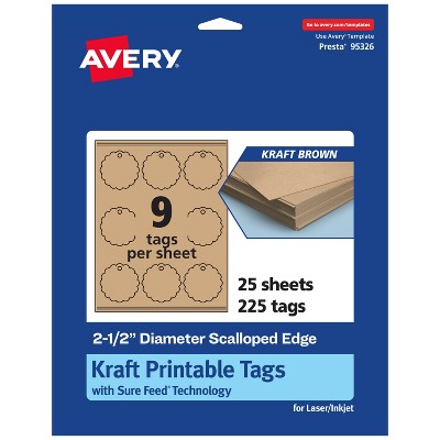Avery Printable Round Scalloped Tags with Sure Feed Technology, 2-1/2" Diameter, Kraft Brown Cardstock, Print-to-the-Edge, Laser/Inkjet, 225 Total