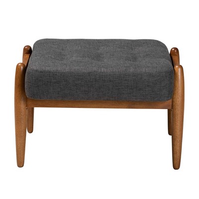 Jeanine Fabric and Wood Ottoman Footstool Dark Gray/Walnut Brown - Baxton Studio: Japandi Inspired, Rubberwood Frame, Button-Tufted