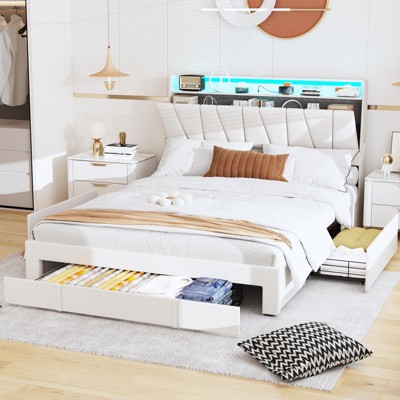 Upholstered Platform Bed Frame with Storage Headboard & Charging Station